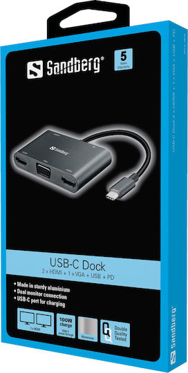 Sandberg USB-C Dockingstation für Laptops mit HDMI 4K PowerDelivery (PD) und Bildschirmverbindungen 2 Monitore Schwarz (136-35)