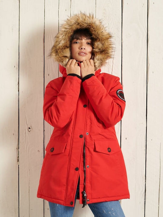 Everest Women's Long Parka Jacket for Winter with Hood Red
