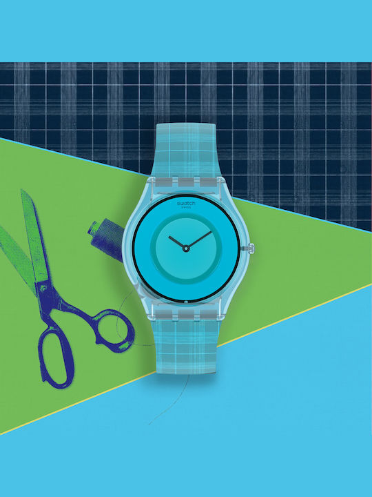 Swatch Sari Madras Γυναικείο Ρολόι 34mm Μπαταρίας με Μπλε Καουτσούκ Λουράκι