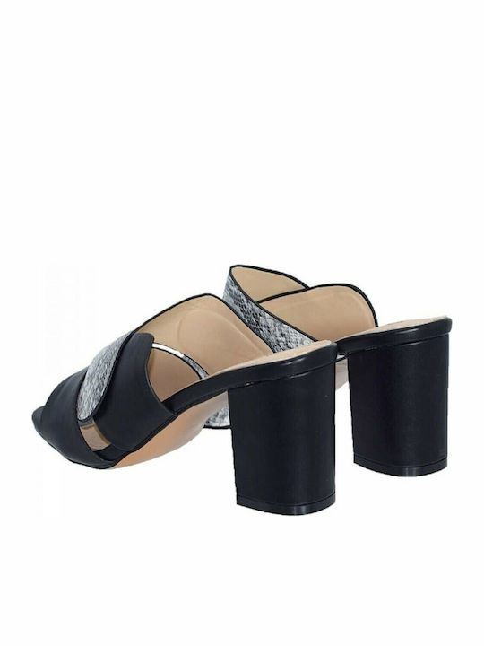 Leder Mules mit Chunky Hoch Absatz Snake Black
