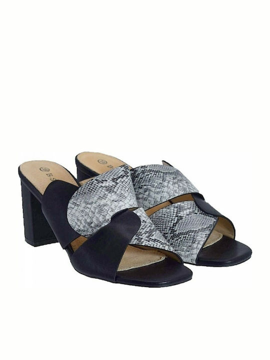 Leder Mules mit Chunky Hoch Absatz Snake Black