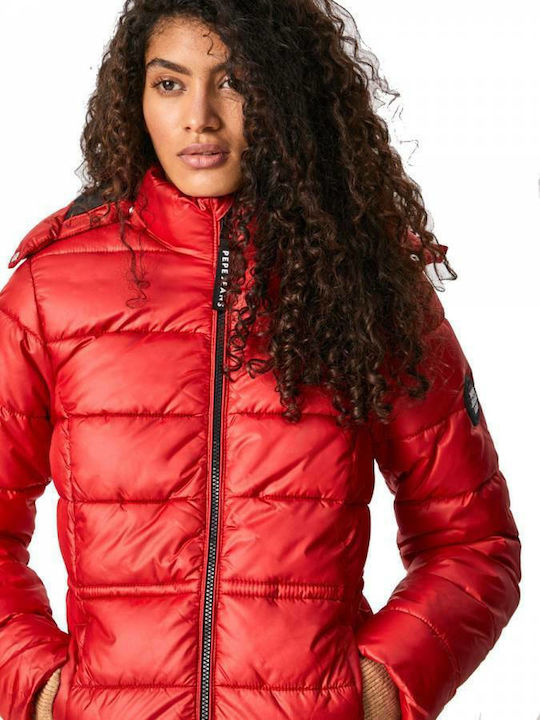 Camille Women's Short Puffer Jacket for Winter with Hood Red