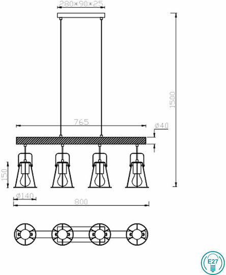 Trio Lighting Jaipur Pendant Light Beige Rail for 4 Bulbs E27 80x150cm