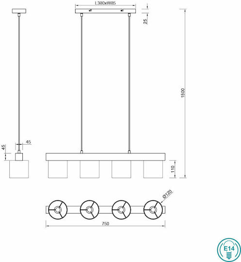Trio Lighting Cameron Ρυθμιζόμενο Κρεμαστό Φωτιστικό Μαύρο Ράγα για 4 Λαμπτήρες E14 75x150εκ.