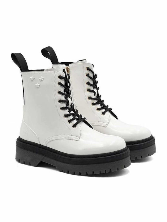 Elyse Women's Patent Leather Ankle Boots with Medium Heel White