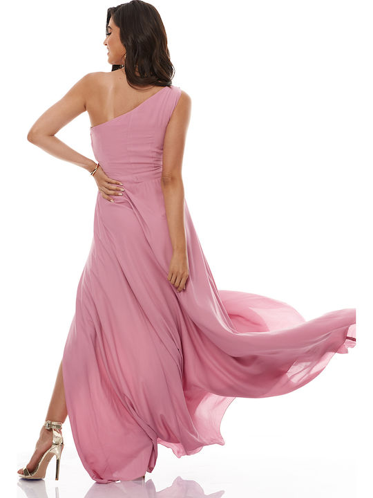 Maxi Καλοκαιρινό Φόρεμα για Γάμο / Βάπτιση με έναν Ώμο Ροζ