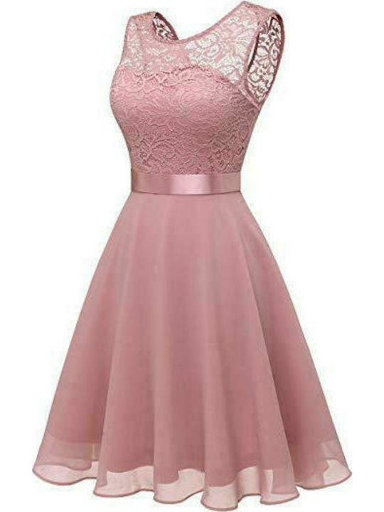 Midi Καλοκαιρινό Φόρεμα για Γάμο / Βάπτιση με Δαντέλα Ροζ