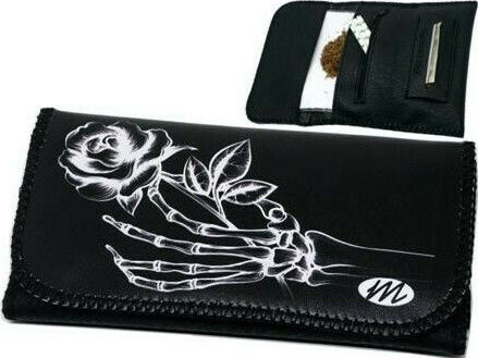 Monte Skeleton Rose Pungă Pentru Tutun Din Piele Ecologică Neagră Cu Închidere Cu Magnet 15x8.5cm