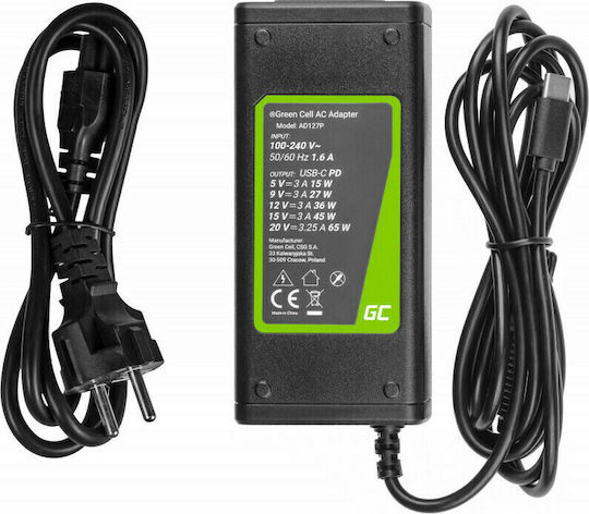Green Cell USB-C Universal Φορτιστής Laptop 65W με Αποσπώμενο Καλώδιο Τροφοδοσίας