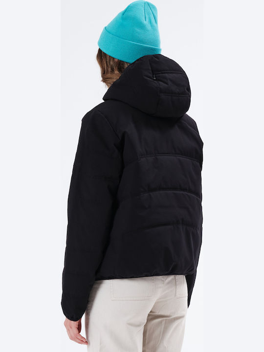 Women's Short Puffer Jacket Waterproof and Windproof for Winter with Hood Black