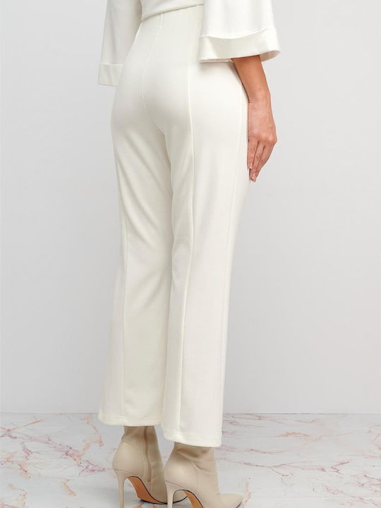 MY T Women's High-waisted Fabric Trousers with Elastic in Bootcut Fit White