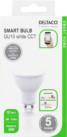Deltaco Bec Smart LED 5W pentru Dulie GU10 Alb reglabil 470lm Reglabil în intensitate