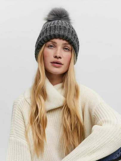 Pom Pom Beanie Γυναικείος Σκούφος με Rib Πλέξη σε Γκρι χρώμα