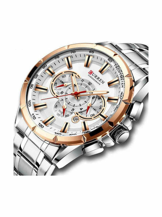 Curren Ανδρικό Ρολόι 45mm Χρονογράφος Μπαταρίας με Ασημί Μεταλλικό Μπρασελέ