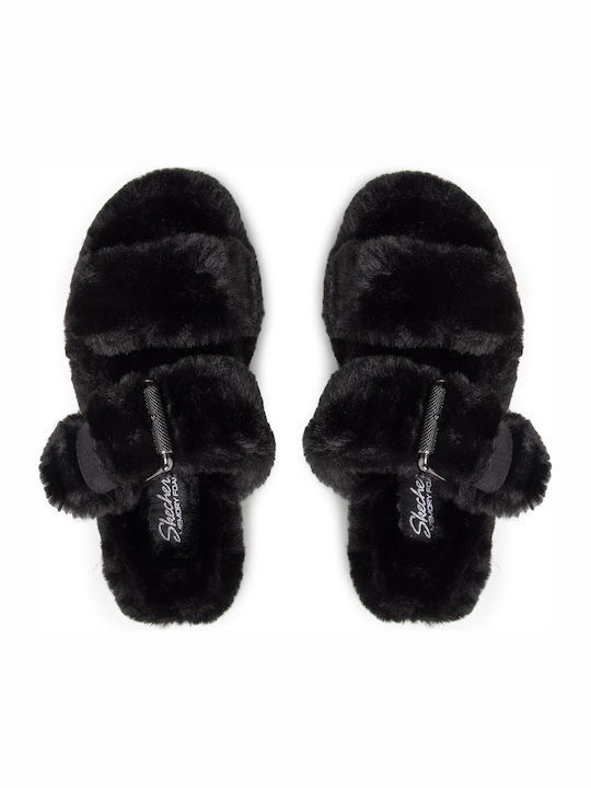 Cozy Wedge Damen Hausschuhe mit Offene Zehenpartie mit Pelz Schwarz