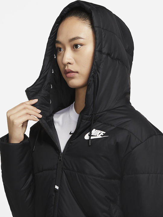 Sportswear Women's Hiking Short Puffer Jacket Waterproof for Winter with Hood Black