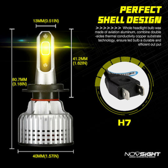 NovSight Λάμπες Αυτοκινήτου & Μοτοσυκλέτας H7 LED 3000K Θερμό Λευκό 12-24V 72W 2τμχ