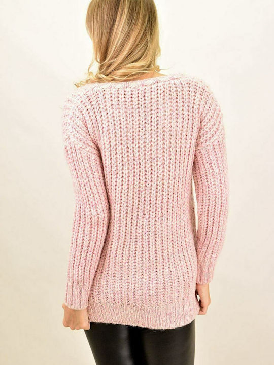 Γυναικέια μπλούζα με πολύχρωμη πλέξη και τσέπη Ροζ 9165