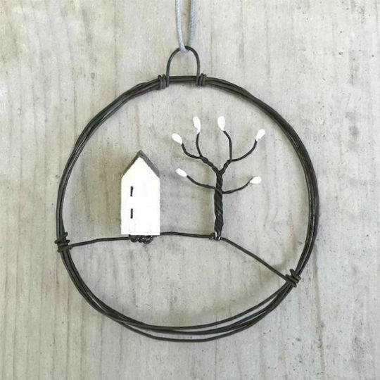 Synchronia Weihnachtsdekoration Holz Kranz mit Durchmesser 7.5cm. με Μικρό Σπίτι και Δέντρο