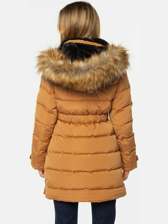 Pepe Jeans Berta Lang Damen Puffer Jacke mit pelziger Kapuze für Winter Caramel