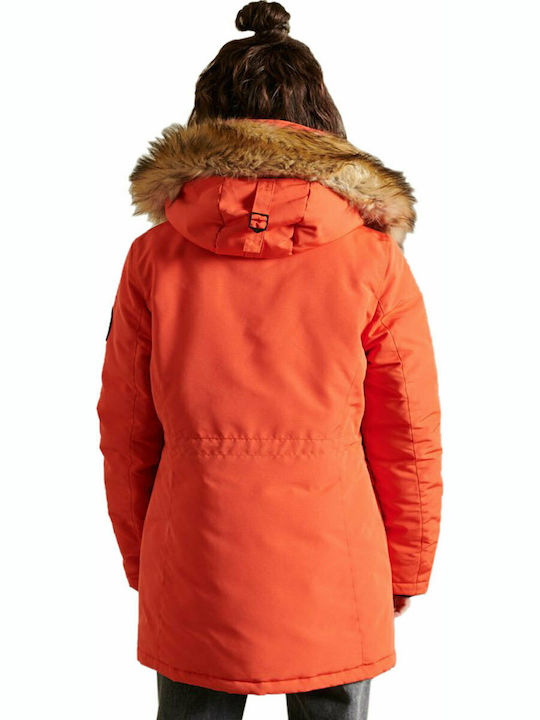 Superdry Women's Long Parka Jacket for Winter with Hood Bold Orange