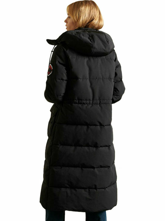 Superdry Women's Long Puffer Jacket for Winter with Hood Black