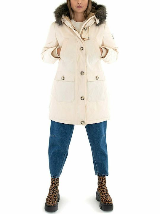 Rookie Down Lang Damen Parka Jacke mit pelziger Kapuze für Winter Beige