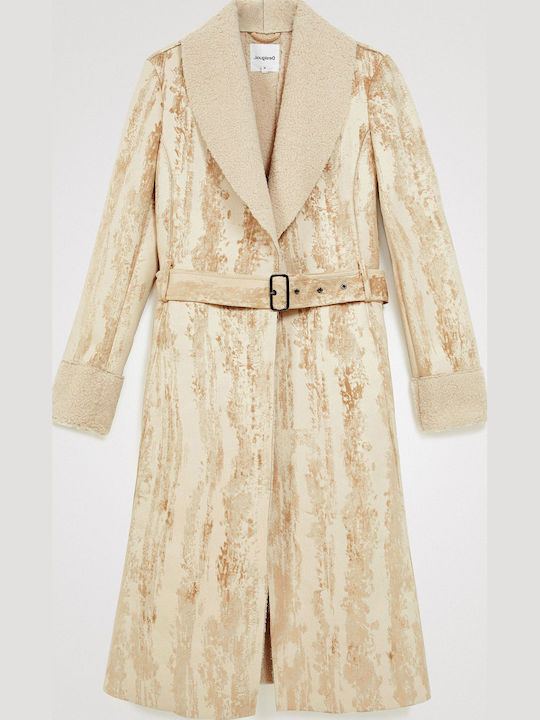 Abrig Marvelous Women's Beige Coat with Fur Details