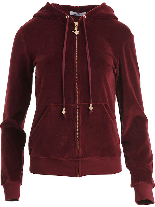 Women's Sweatshirt Jacket Velvet Hooded Burgundy