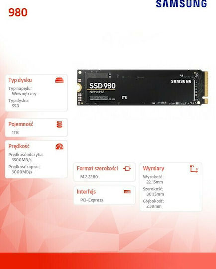 Samsung 980 SSD 1TB τύπου M.2 με σύνδεση PCI Express 3.0 MZ-V8V1T0BW