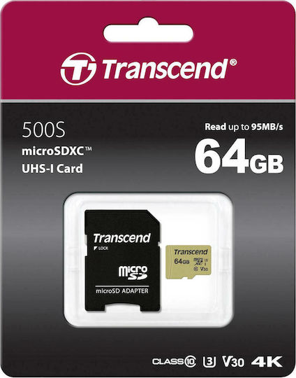Transcend 500S microSDXC 64GB U3 V30 UHS-I 95MB/s με αντάπτορα