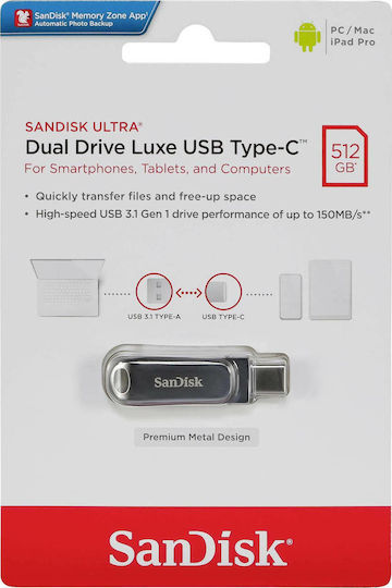 Sandisk Ultra Dual Drive Luxe 512GB USB 3.1 Stick with connection USB-C & USB-A Silver