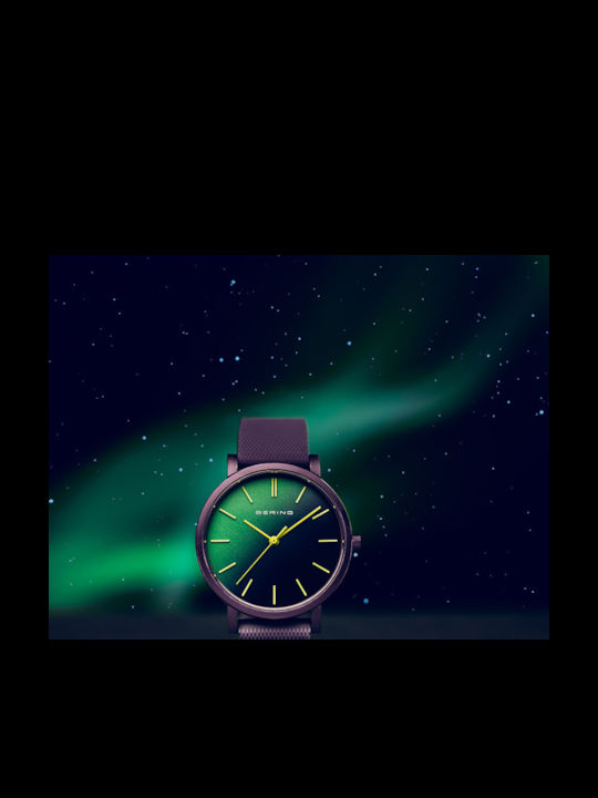Bering Time Aurora Ceas Barbat 34mm Baterie cu Culoare Violet Cauciuc Catarama