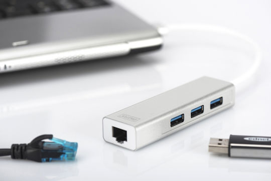 Digitus USB-Hub 3 Anschlüsse USB 3.0 mit USB-A Anschluss / Ethernet Silber