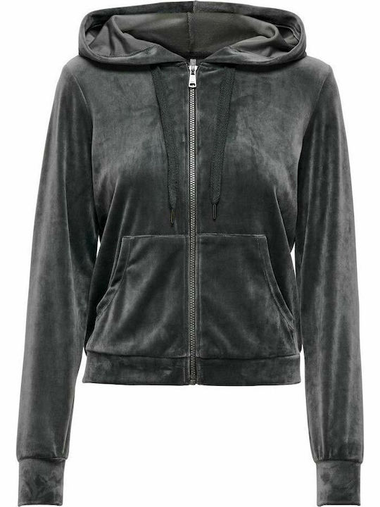 Long Women's Sweatshirt Jacket Velvet Hooded Gray