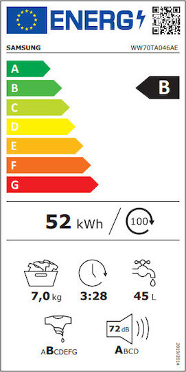 Samsung Πλυντήριο Ρούχων 7kg με Τεχνολογία Ατμού 1400 Στροφών Ecobubble WW70TA046AE/LE
