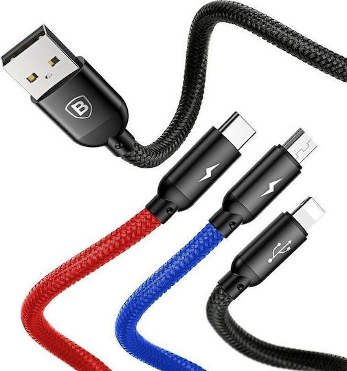 Baseus Three Primary Colors 3-in-1 Braided USB to Lightning / micro USB / Type-C Cable 3.5A Μαύρο 0.3m (CAMLT-ASY01)