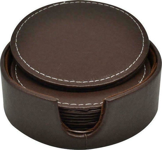 Ankor Round PU Brown Coasters with Stand 10cm 6pcs