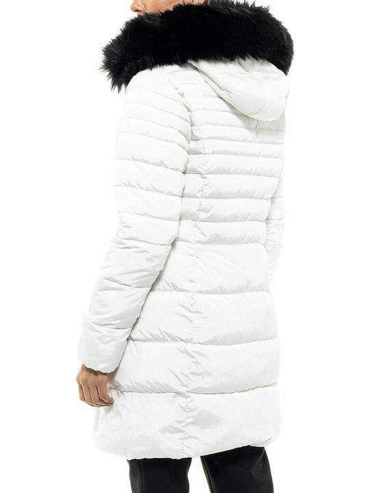 Splendid Lang Damen Puffer Jacke mit pelziger Kapuze für Winter Weiß