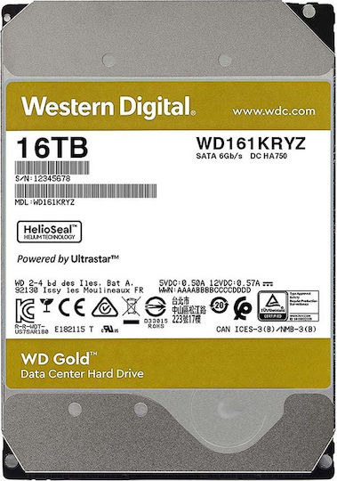 Western Digital Gold 16TB HDD Σκληρός Δίσκος 3.5" SATA III 7200rpm με 512MB Cache για Desktop WD161KRYZ