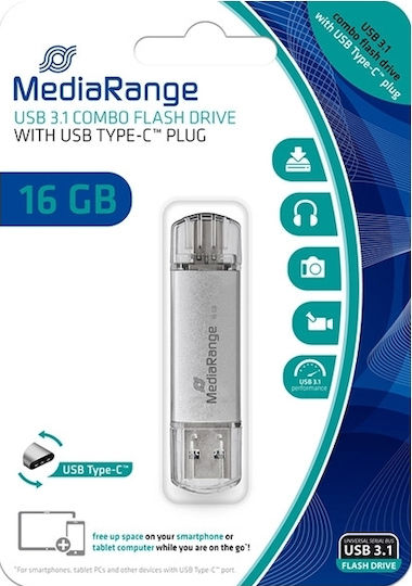 Mediarange Usb 3.0 Combo Flash Drive Usb Type C 16gb Silver