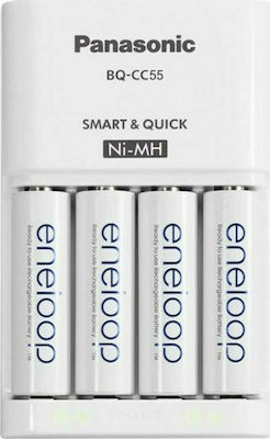 Panasonic Eneloop Smart & Quick BQ-CC55E Φορτιστής 4 Μπαταριών Ni-MH Μεγέθους AA/AAA Σετ με 4x AA 1900mAh σε Λευκό χρώμα