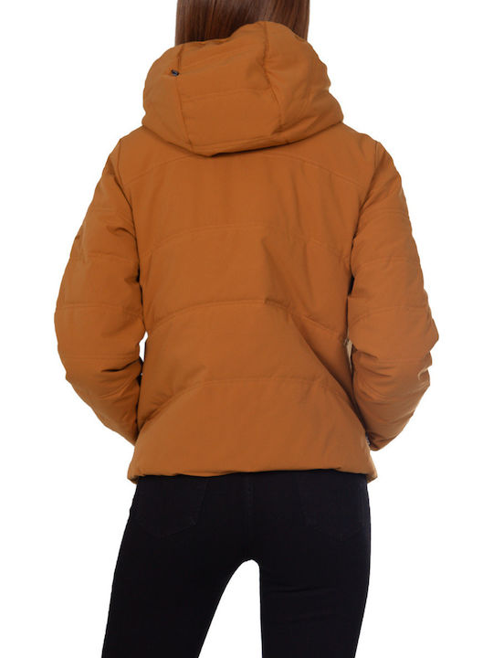 Women's Short Puffer Jacket for Winter with Hood Ochre
