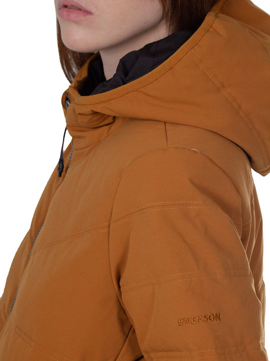 Women's Short Puffer Jacket for Winter with Hood Ochre