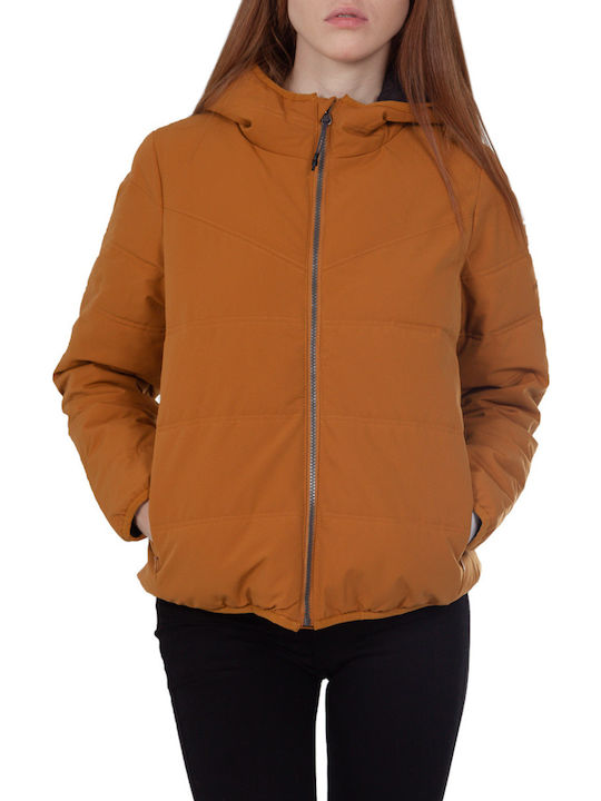 Women's Short Puffer Jacket for Winter with Hood Ochre