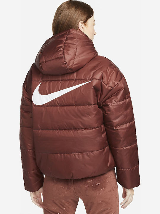 Sportswear Women's Short Puffer Jacket for Winter with Hood Brown