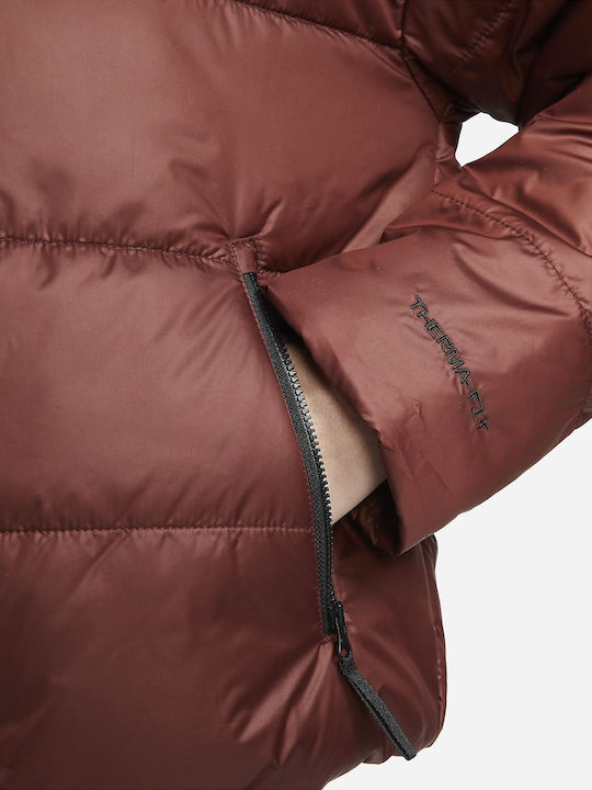Sportswear Women's Short Puffer Jacket for Winter with Hood Brown