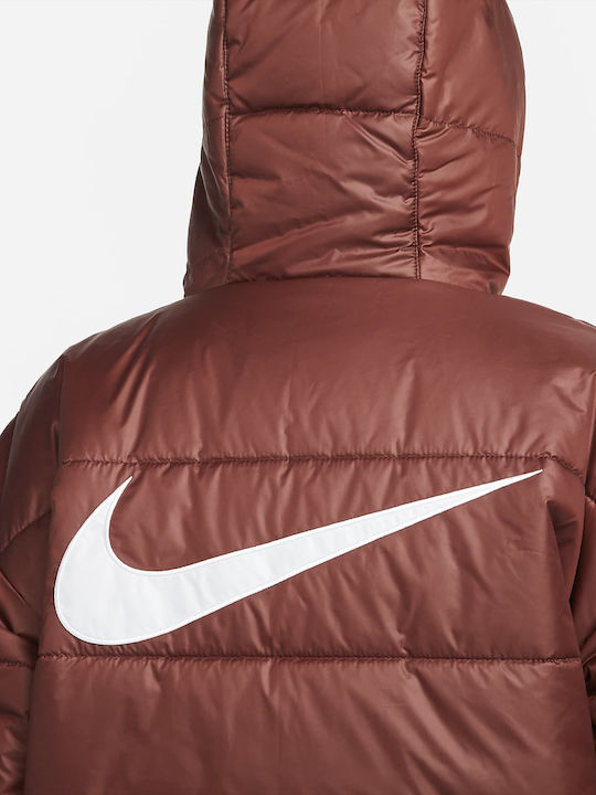 Sportswear Women's Short Puffer Jacket for Winter with Hood Brown