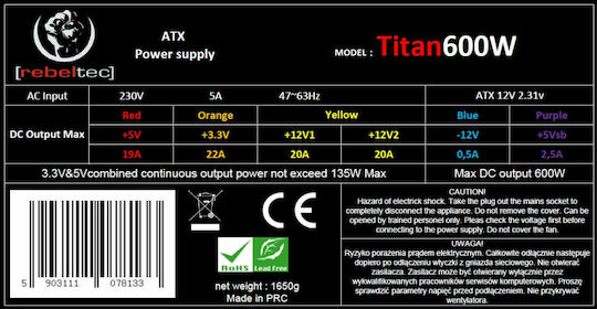Rebeltec Titan 600W Μαύρο Τροφοδοτικό Υπολογιστή Semi Modular