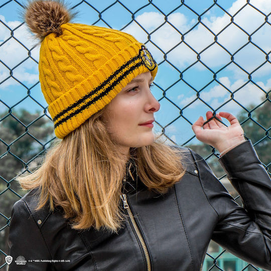 Harry Potter Hufflepuff Pom Pom Beanie Frauen Beanie mit Strickmuster in Gelb Farbe